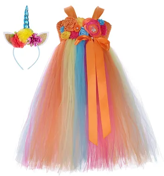

Rainbow Unicorn Tutu Dress Long Fluffy Colorful Children Kids Girls First Birthday Flowers Dresses Party Indian Style Dress