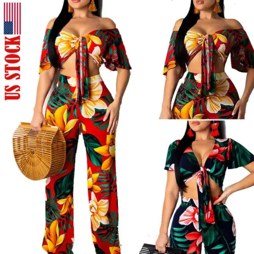 

Women Sexy Floral Two Piece Set Women V Neck Bow Tie Crop Top And Loose Wide Leg Pants