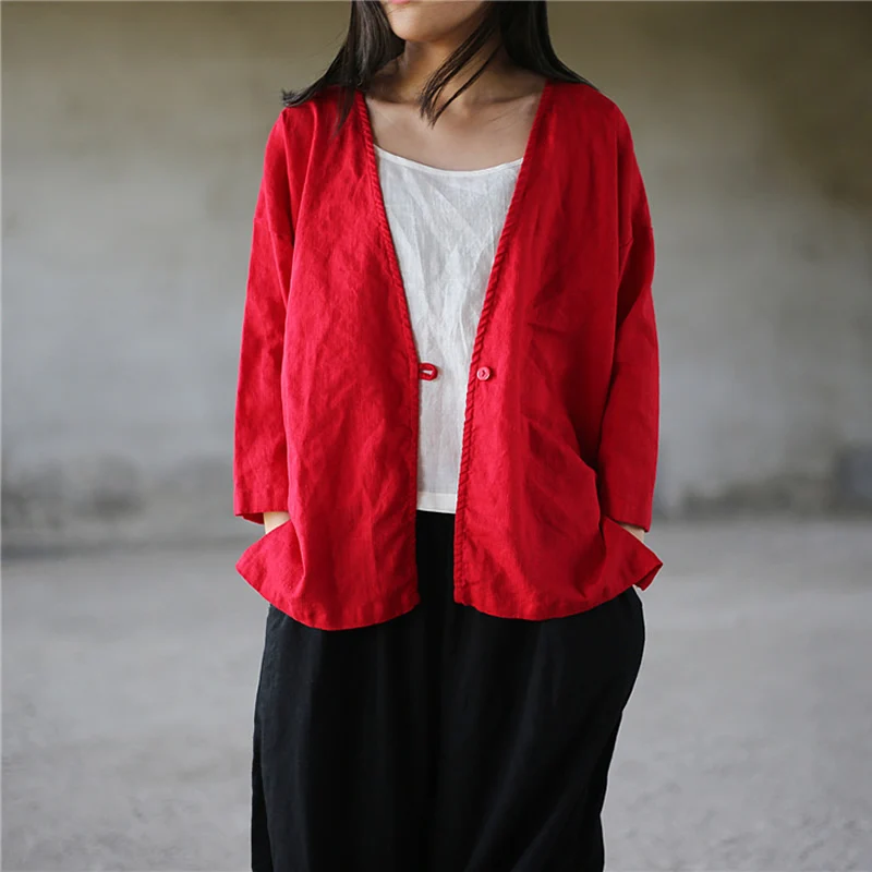 

ORIGOODS Solid Red White Black Kimono Blouse Women Linen V-neck Summer Blouse Shirt Women Japan style Kimono Tops Blusas D010