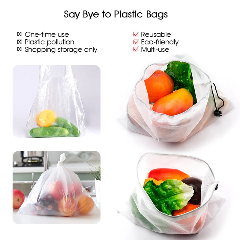 15Pcs Reusable Mesh Produce Strong Bags Grocery Fruit Vegetable Storage Shopping