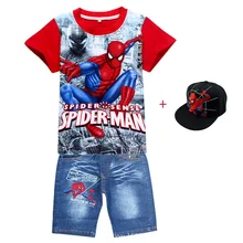 Костюмы с супергероями комплекты хлопковой одежды для мальчиков футболка с короткими рукавами с человеком-пауком+ джинсы, комплект для мальчиков, летний спортивный костюм с рисунками для малышей, Кепка