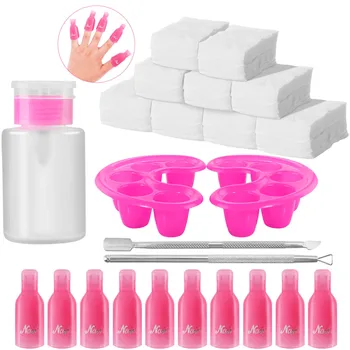 

Nail Polish Remover Kit 600pcs Cotton Wraps, 2 Pusher, 1 Dispenser Bottle, 10pcs Nail Tip Cap Clips & 2 Nail Tip Soak Bowl