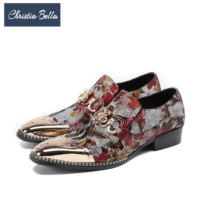 

Christia Bella Luxury Fashion Floral Printing Men Genuine Leather Shoes Gold Bullock Carved Men Dress Shoes Wedding Office Shoes