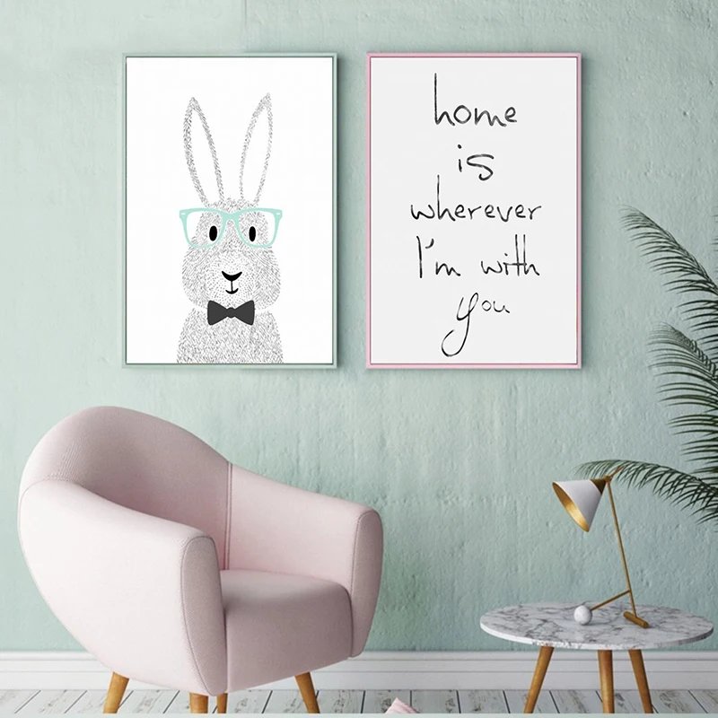 

Lovely Rabbit Animal Print Wall Art Poster Quotes Canvas Painting Modern Minimalist Wall Pictures Nursery Kids Room Decoration