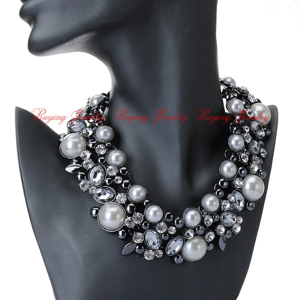 Fashion Ash Black Chain Clear Rhinestone White Pearl Collar Bib