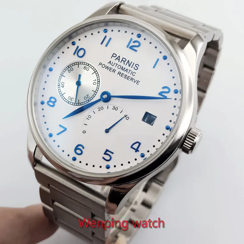 

Parnis 43mm white dial date power reserve Automatic Self-Wind Mechanical movement men's watch Mechanical watches