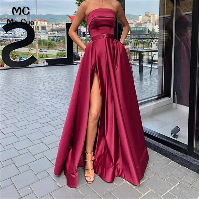 In Stock 2019 Strapless Evening Dresses Long with Pockets Draped Robe de soiree Front Split Satin Party | Свадьбы и торжества