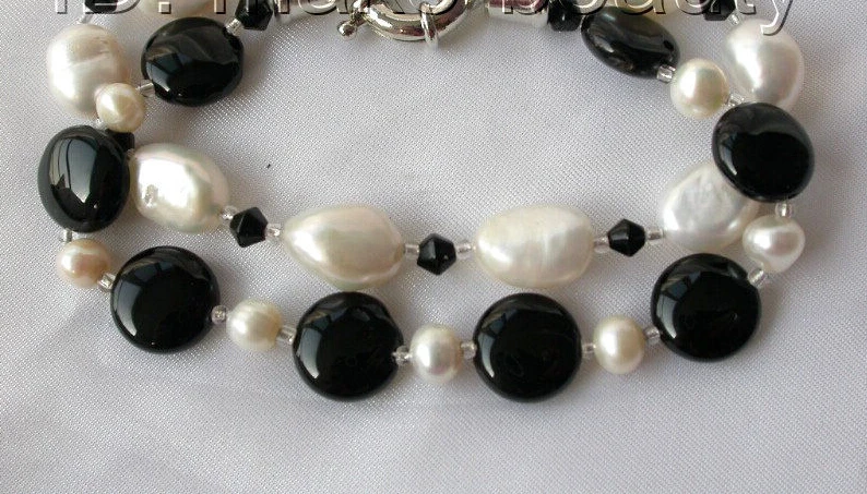 

FREE shipping>>>>stunning 2rows baroque white freshwater cultured pearl black agate bracelet h557 6.05