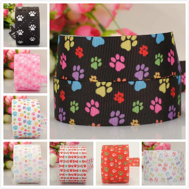 

free shipping 1 " 25mm color dog paw bows and ribbon pattern printed grosgrain ribbon