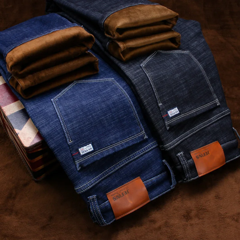 

CARANFIER 2pcs 2019 New Men's Winter Brand Jeans Warm Slim Fit Denim Pants Male Balck Blue Thicken Trousers Jeans Big Size 44 46