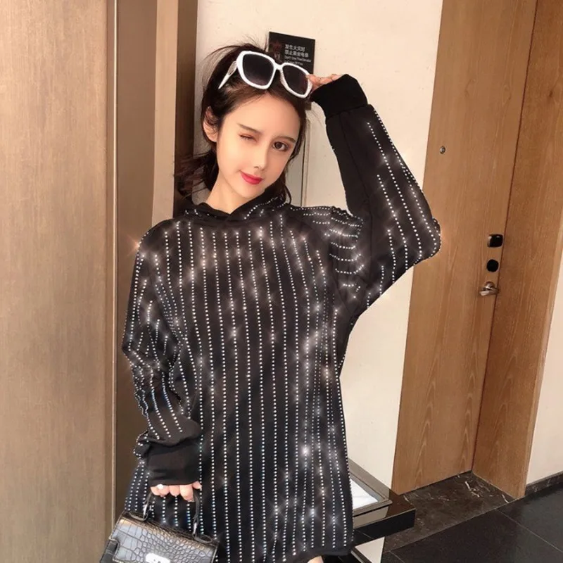 

High Quality 2019 Spring Autumn Women Long Sleeve Rhinestone Diamond Embellished Long Hooded Sweatshirt Streetwear