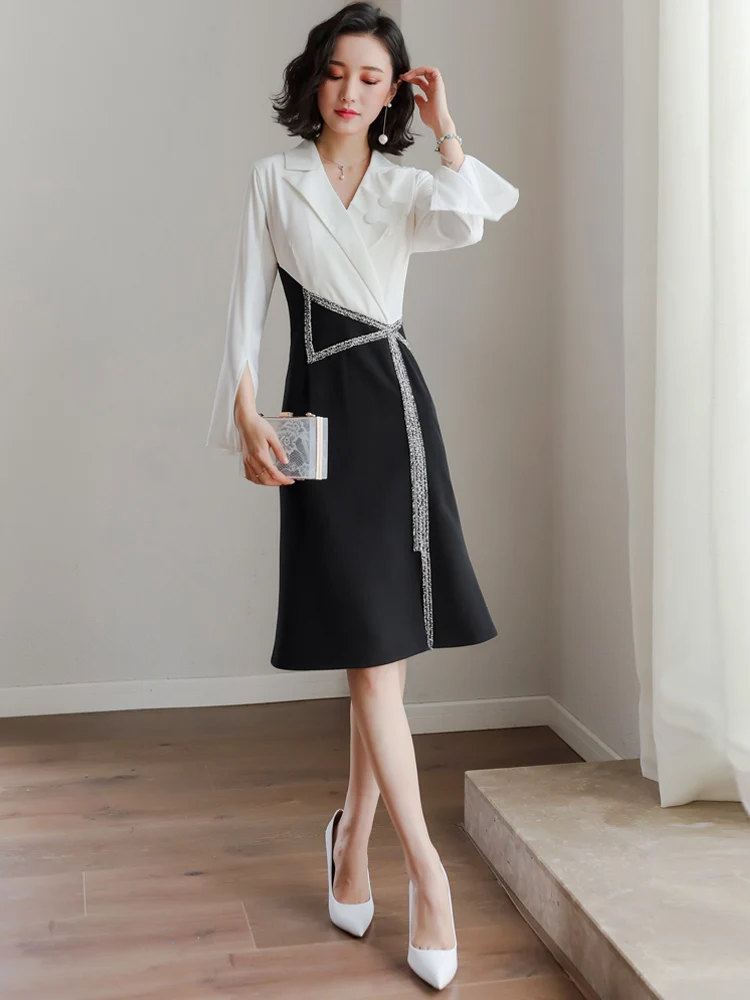 

2019 Summer New Office Lady Patchwork Button Contracted Intellectual Flare Sleeve Dress Notched Full Sleeves A-Line Dresses