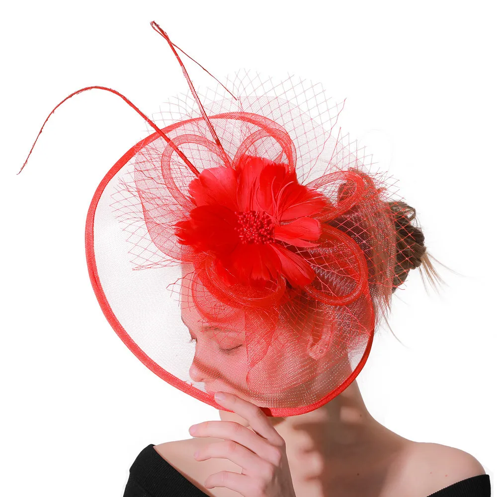 

Red Cocktail hats Fascinators base for Women Wedding Party Headbands French Mesh Veil Hair Hoop Ornaments Bride Feather Hairpins