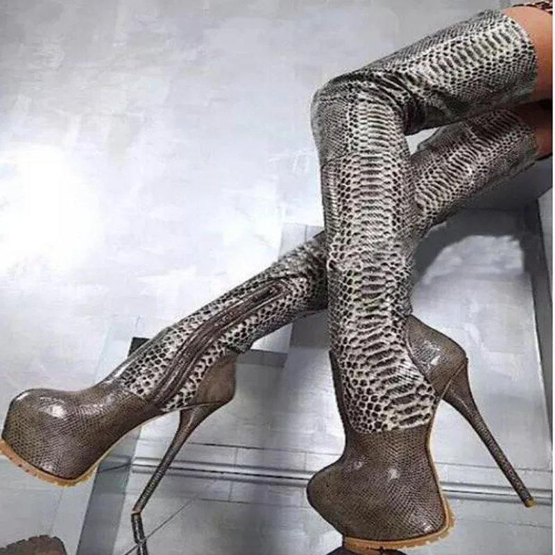 

Sexy Women Python Leather Over Knee Boots High Platform Super Heels Club Stage Show Long Botas Shoes Sankeskin Knight Boots