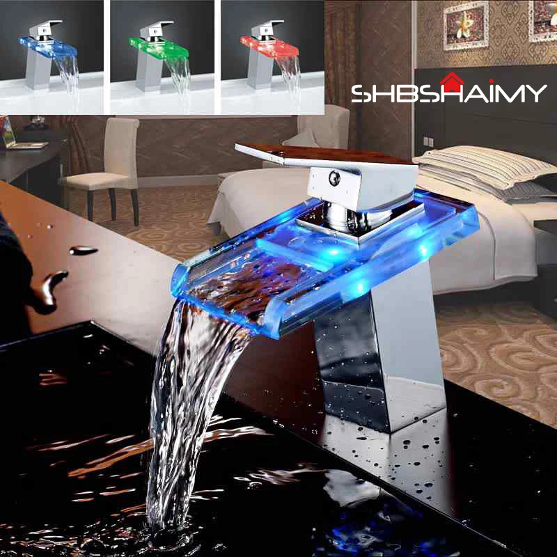 

LED Color Changing Waterfall Basin Sink Faucet Single Handle Deck Mounted Hot and Cold Mixer Taps G"1/2