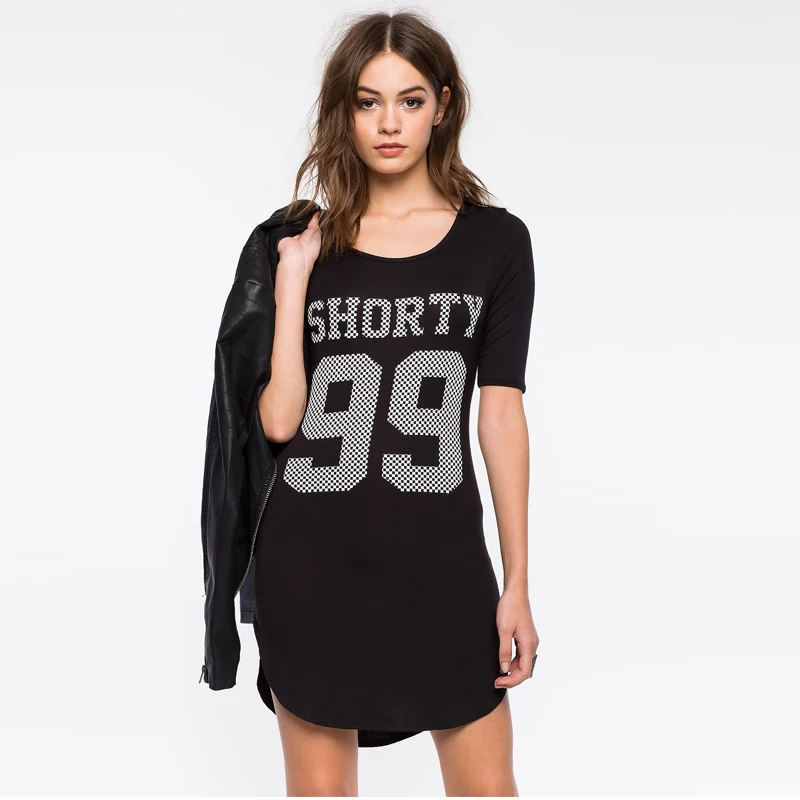 2016 spring and summer new European fashion digital printed before long back short slits Hem Dress t Shirt women Tops S2064