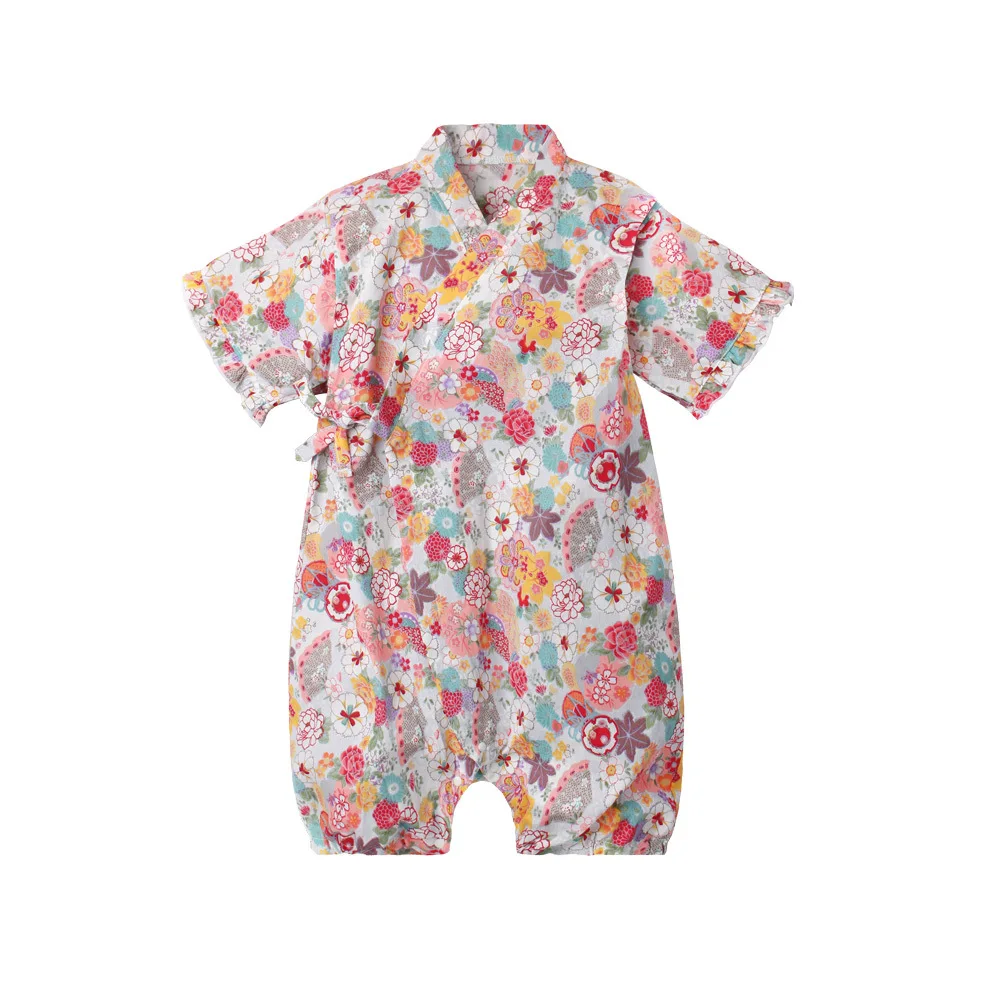 Детский летний комбинезон одежда для девочек кимоно в японском стиле bebe комбинезон Ретро Халат униформа Одежда пижамы для мальчиков Ползунки - Цвет: Gray pink flower