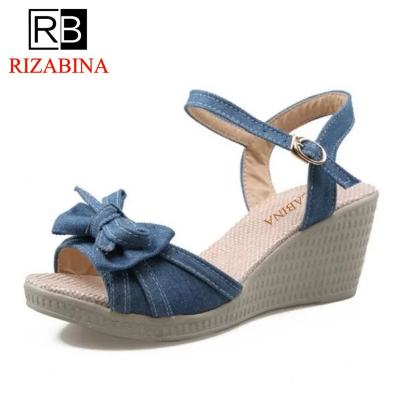 

RizaBina Ladies High Heels Wedges Sandals Women Sweety Bowtie Ankle Strap Peep Toe Shoes Women Platform Soft Footwear Size 34-39