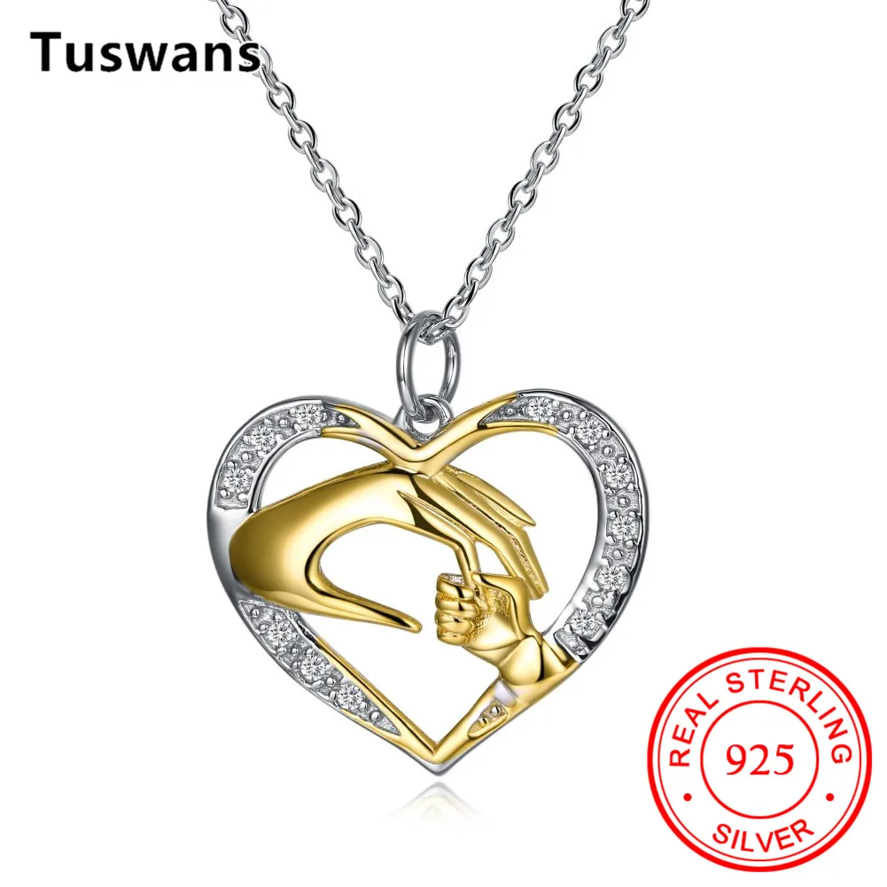 Real 925 Sterling Silver Jewelry Love Heart Shaped Hand In Hand Pendant