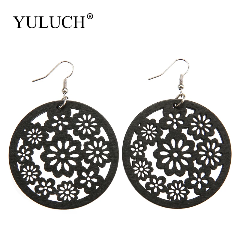 

YULUCH Natural Wood earrings Circle Retro Flower Earrings Trendy Black Hollow Design Earring For Party Gift Women Earrings