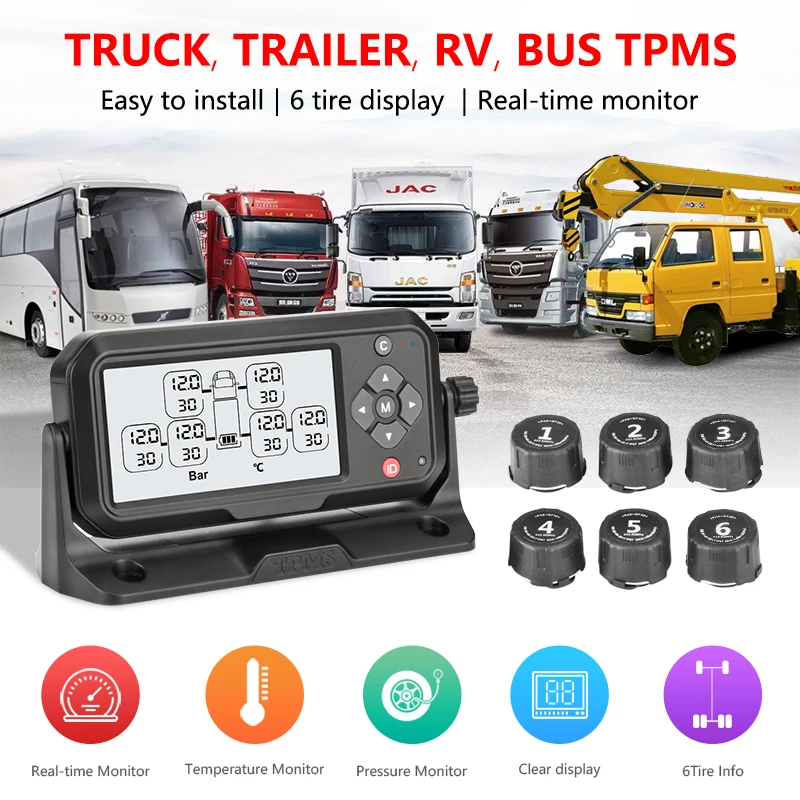 Jansite Truck TPMS система мониторинга давления в шинах с солнечной зарядкой автомобильная система tpms Автоматическая сигнализация Беспроводная с шестью внешними датчиками