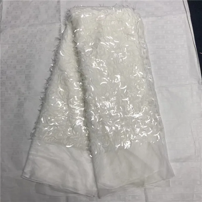 

French Net Lace 2019 Latest african guipure lace sequins fabric with embroidery mesh tulle Gold Sequins French lace fabric white