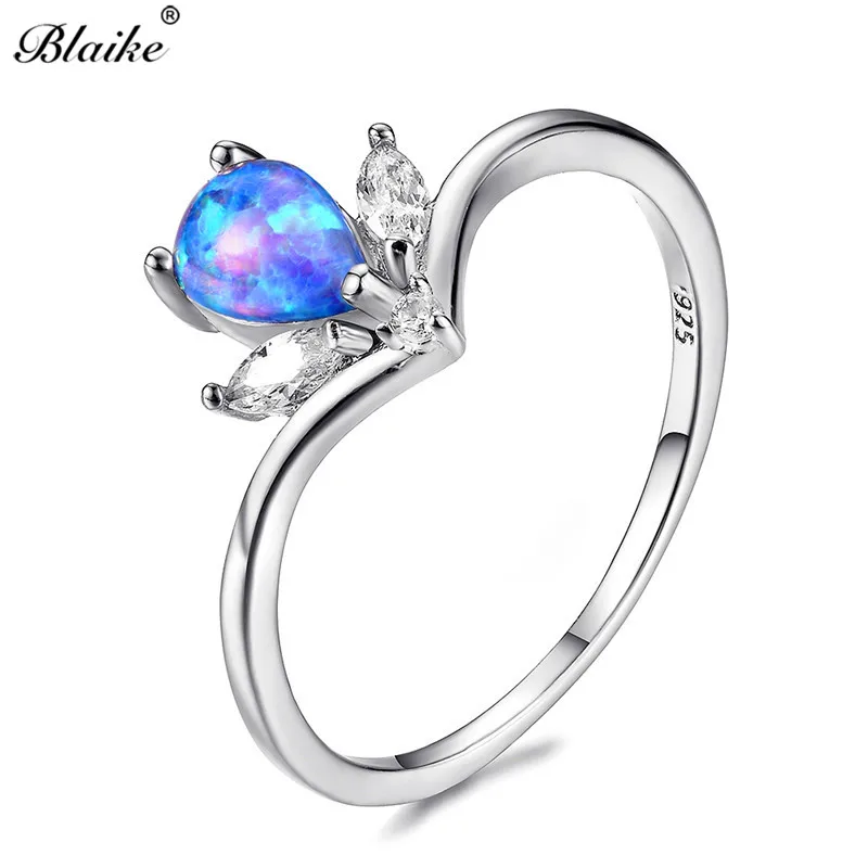 Blaike Charming Water Drop Purple/White/Blue Fire Opal Rings for Women 925 Sterling Silver Filled Birthstone Crystal Zircon Ring