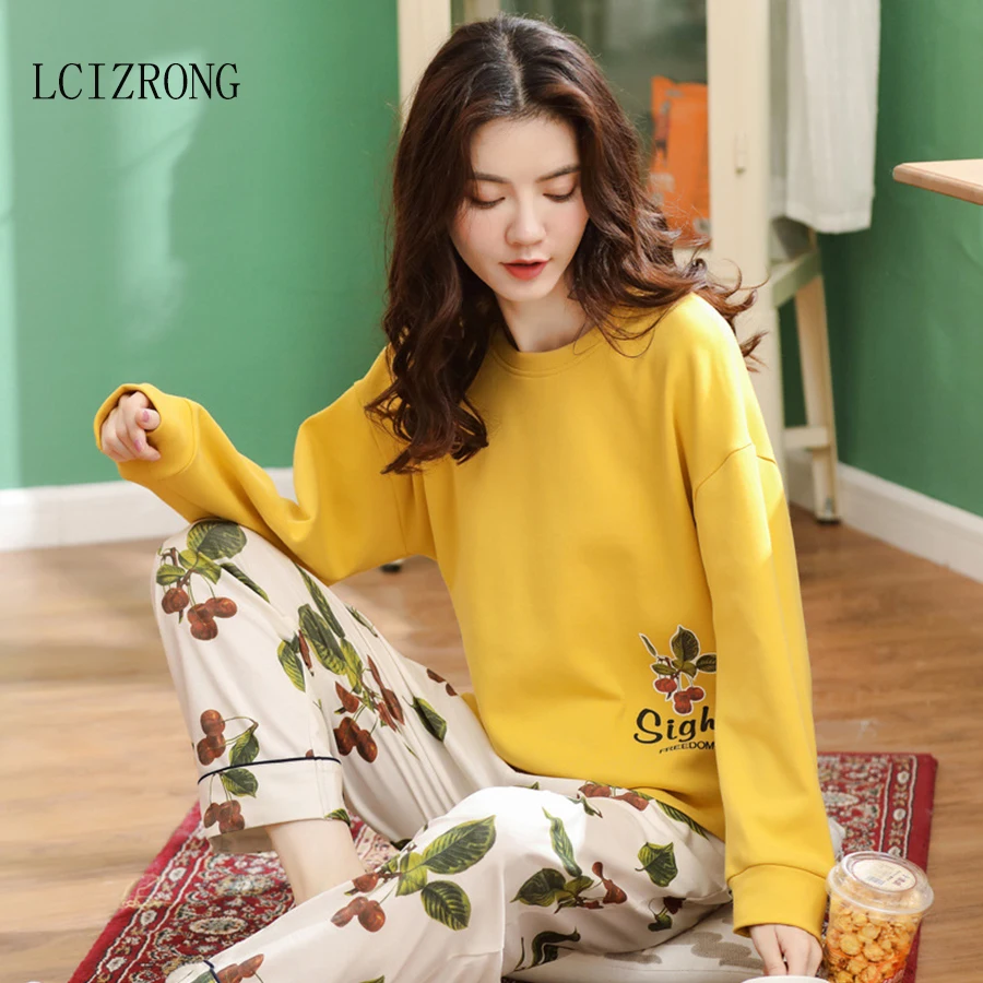 

New Cotton Two Piece Pajamas Set Women O-neck Long sleeve + Long Pant Sleepwear Nightgown Female Comfortable Cute Print Homewear