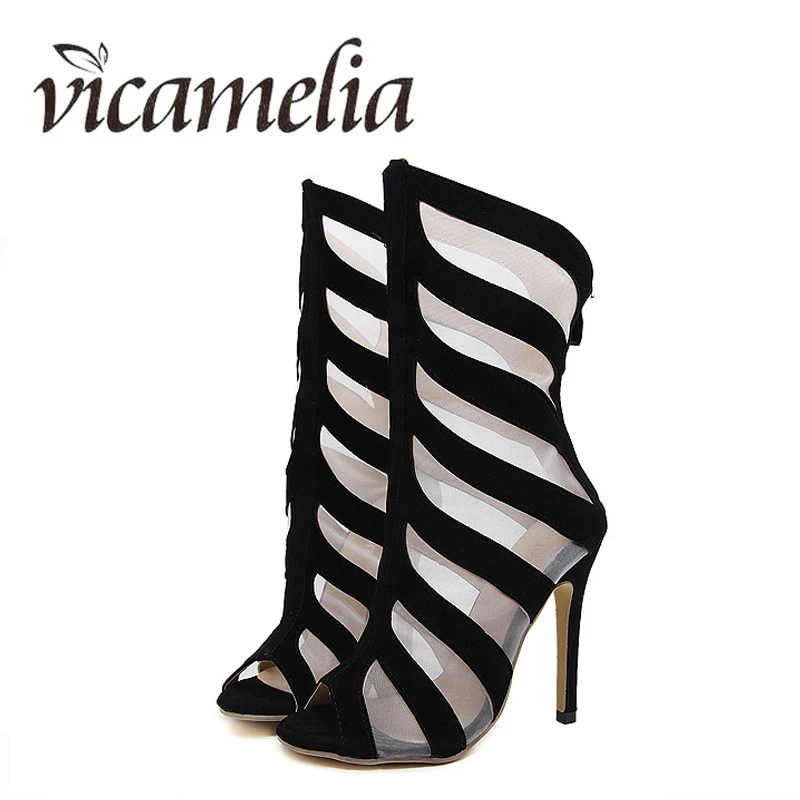 

Vicamelia European Style Mesh Sexy High Heel Sandals Women Fish Mouth Ladies Black Boots Open Toe Zipper Shoes 068