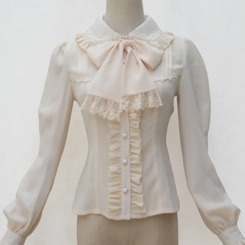Флисовая кружевная блузка в стиле Лолиты с бантом на шее, костюм викторианского стиля для женщин, элегантная приталенная рубашка на пуговицах с рюшами, Женский Топ белого и черного цвета