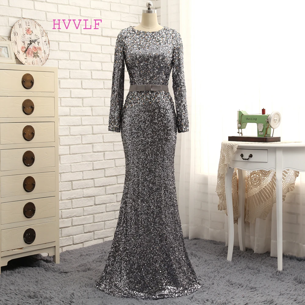 Gray Evening Dresses 2018 Mermaid Long Sleeves Sequiens Crystals Sparkle Long Evening Gown Prom Dress Prom