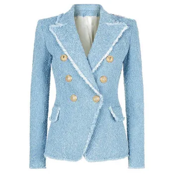 

2020 Classic Double Breasted Metallic Buttons Woven Blazer Jacket Women Elegant Suit Blazer