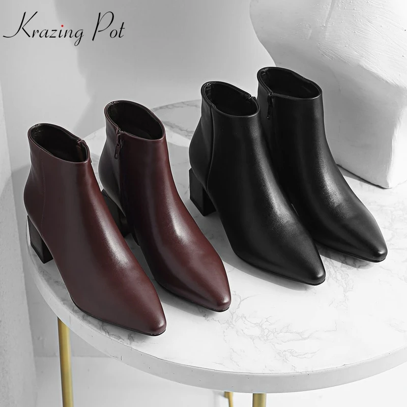 

Krazing Pot genuine leather gorgeous concise simple style keep warm square high heels pointed toe office lady Chelsea boots L12