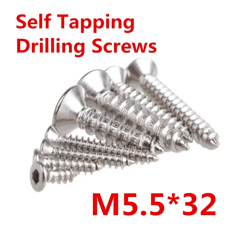 

M5.5 X 32Mm Male Thread Hex Socket Cap Flat Head Self Drilling Tek Screws 20 Pcs