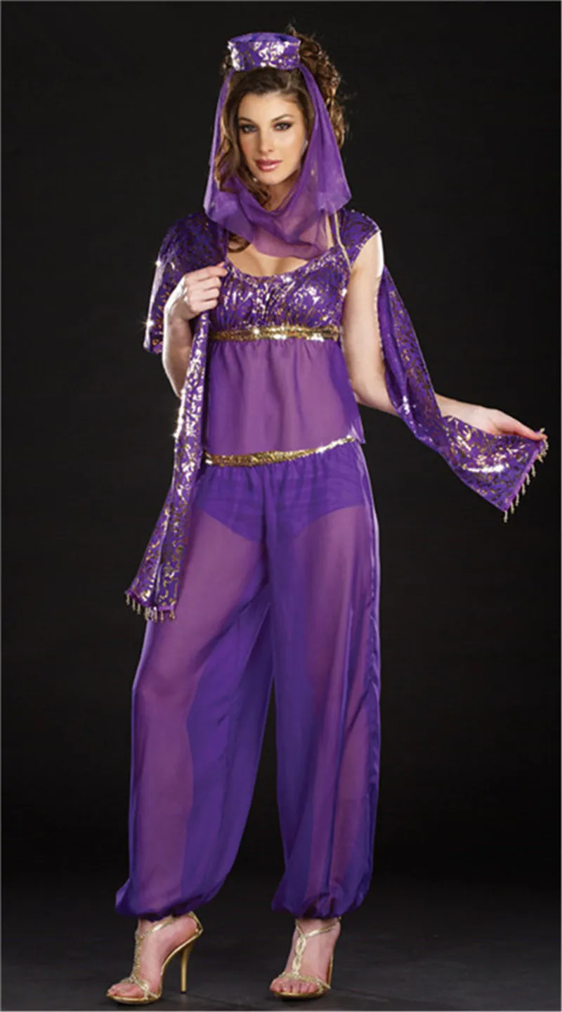 Высокое Качество Арабский танцевальный костюм сексуальная богиня Джинн костюм Жасмин из "приключений Аладдина" костюм принцессы нарядное платье Арабская Исполнительница танца живота платье - Цвет: Фиолетовый