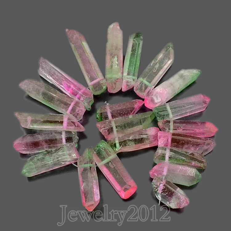 

5Strands/Lot Green Pink Natural Crystal Quartz Metallic Coated Rough Rock Stick Beads 7.5'' 8x25 -10x45mm Wholesale