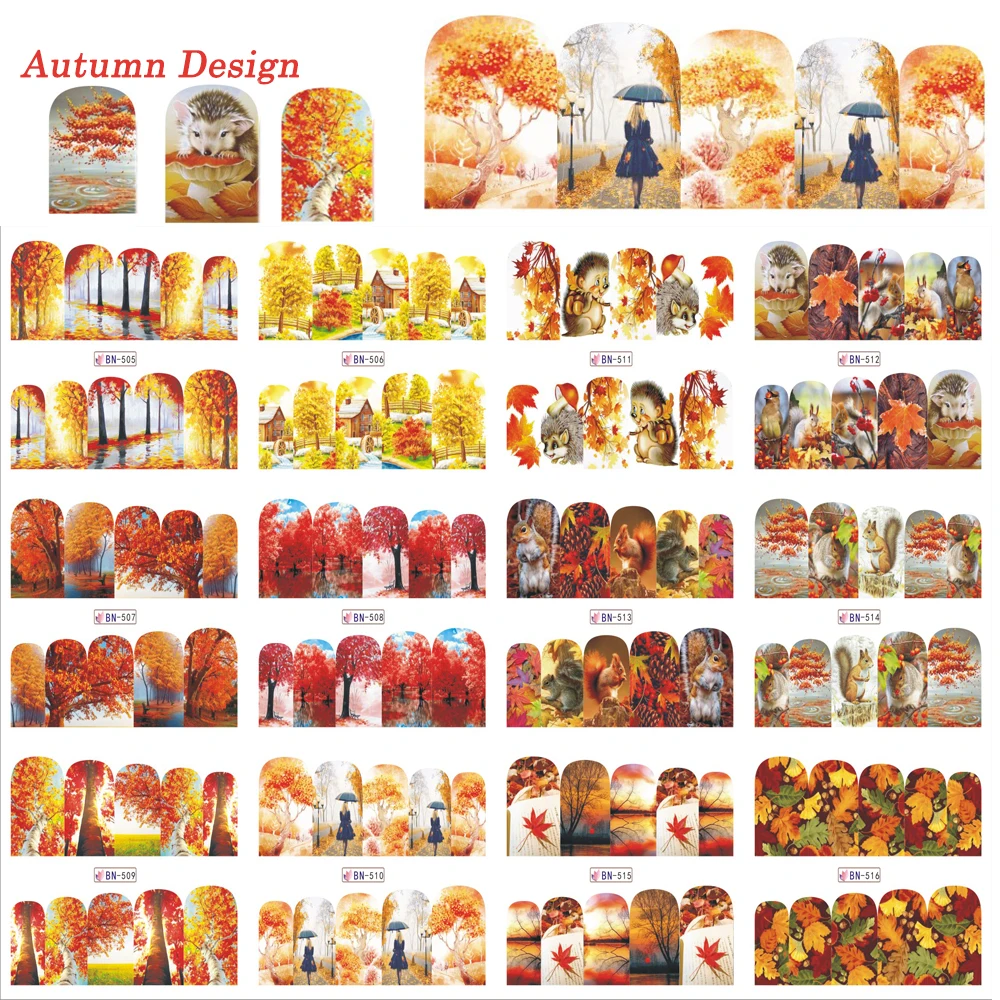 12 видов конструкций/Лот Новые Осенние красивые дизайнерские наклейки для дизайна ногтей наклейки для красоты клен Полные Обертывания водяные татуировки TRBN505-516 для дизайна ногтей