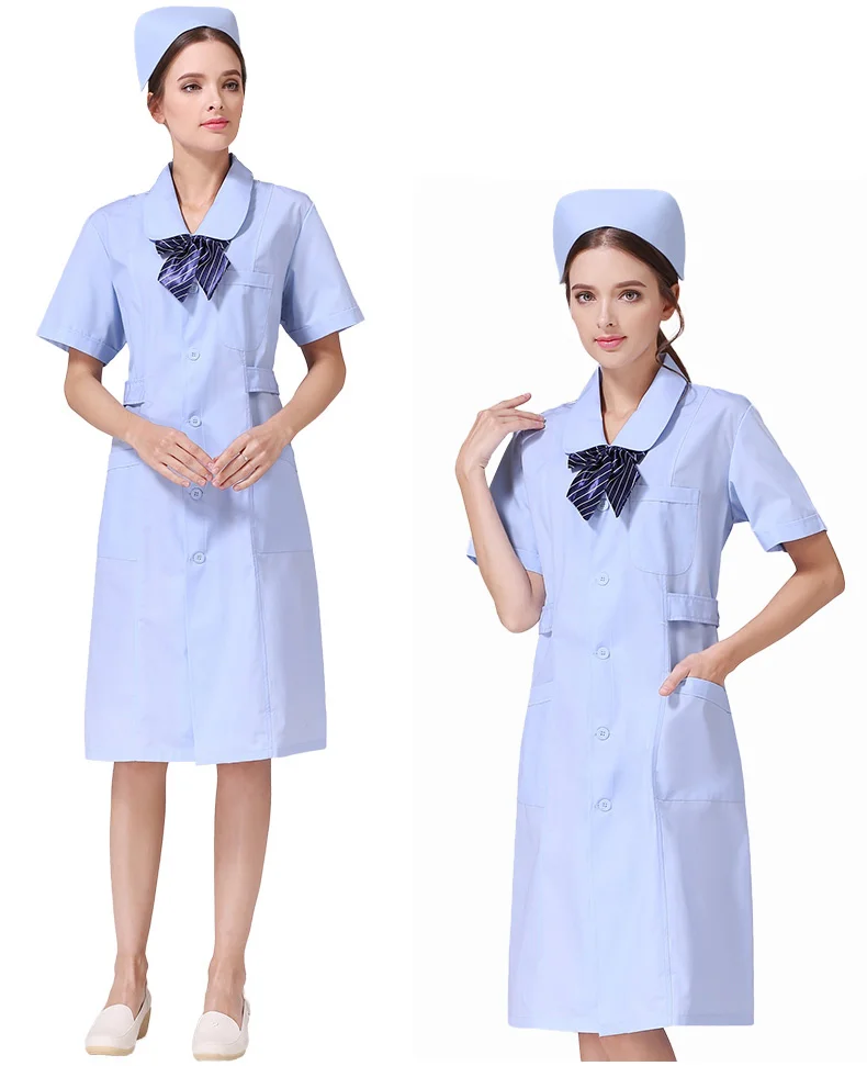 New 3 Colors Nurse clothes short- sleeved Coat Slim White Collar Overalls Doctor nurse Beauty Service Clothes - Цвет: Синий