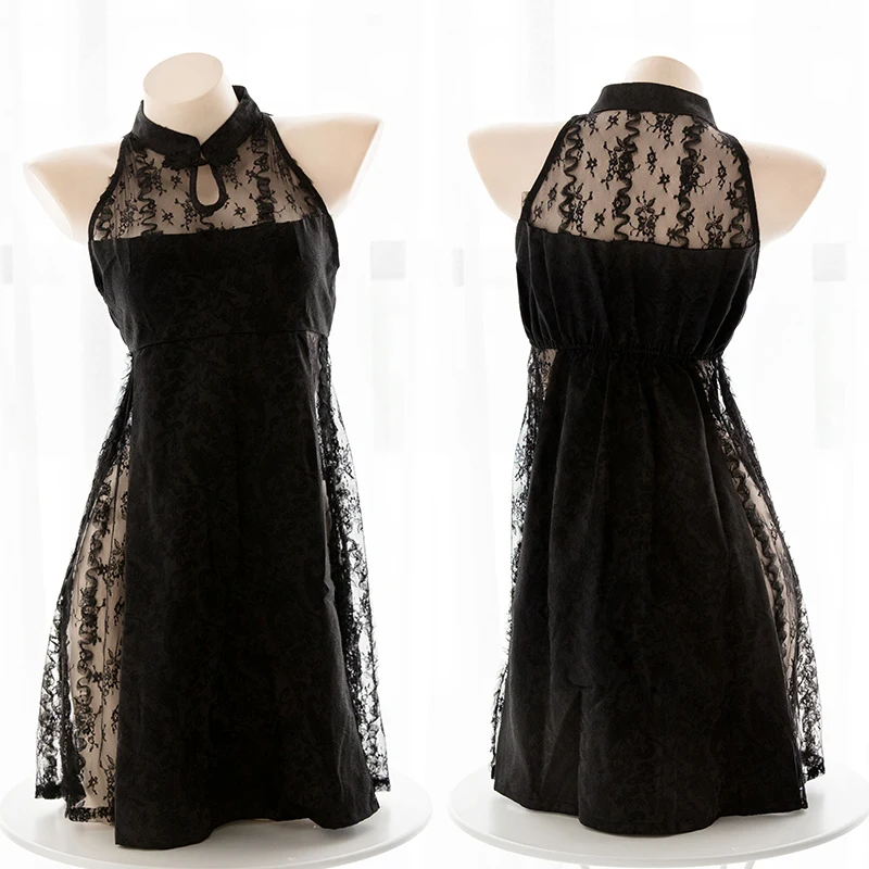 

Women's Sexy Black Vest Lace Cheongsam Dress Vintage Hollow Out Perspective Jacquard Dress Cosplay Female Lolita Lingerie set