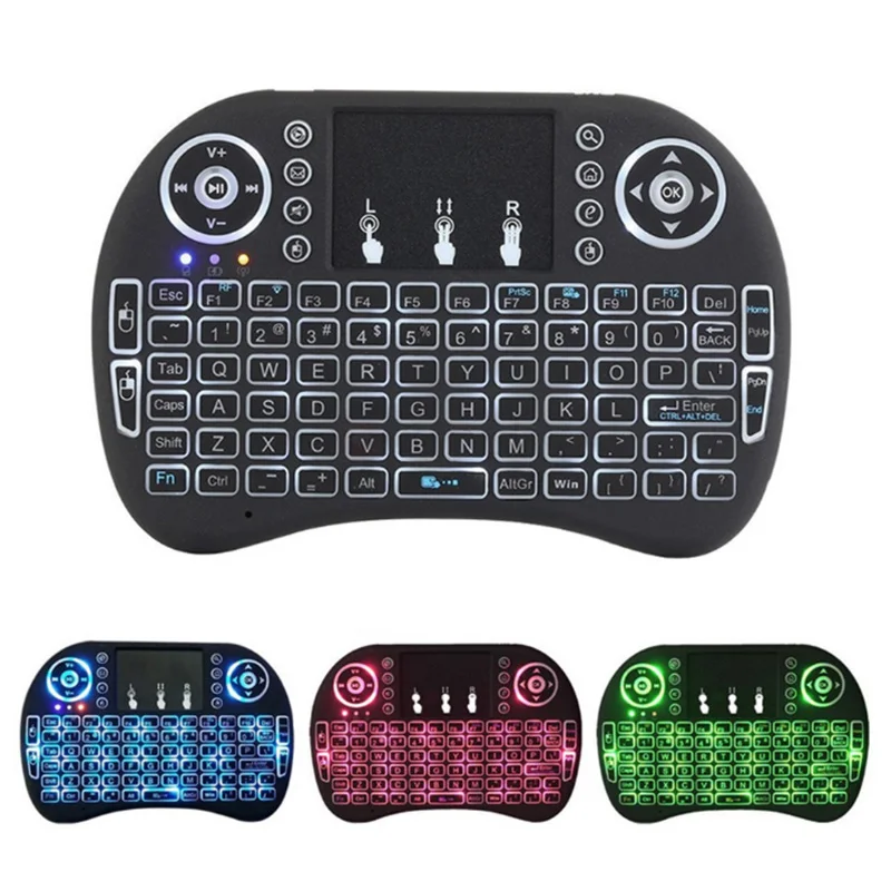 

Mini I8 wireless keyboard air mouse flying squirrel 2.4G with touchpad tri-color backlight-Russian, Spanish,English Optional