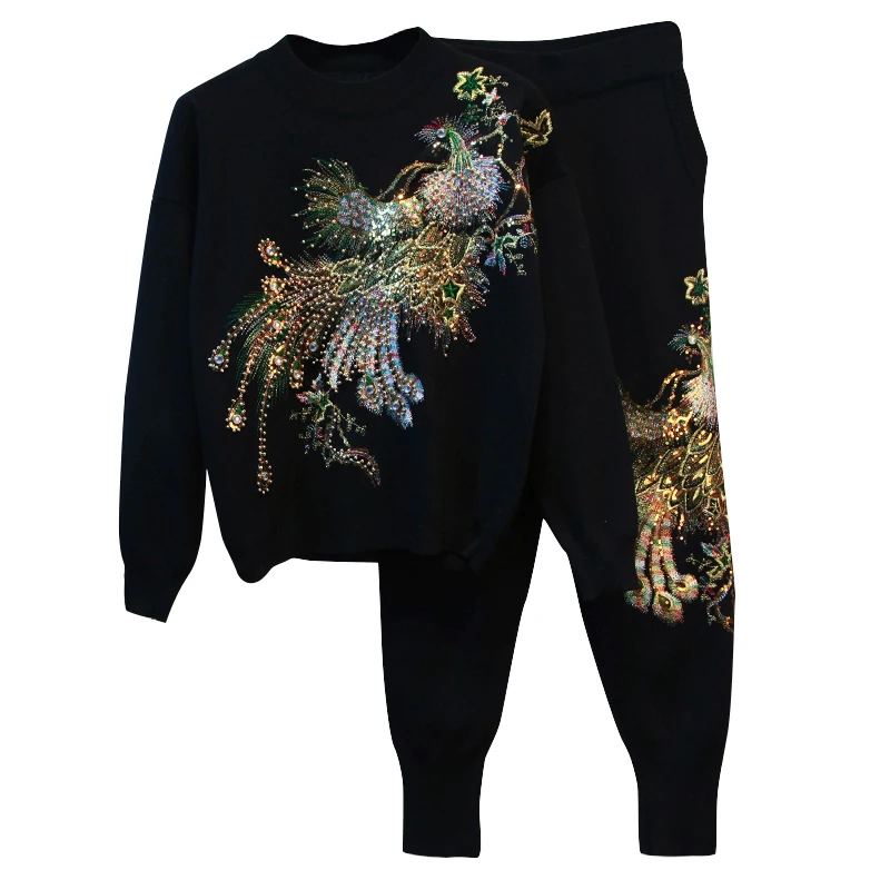 

Embroidery 2 Piece Set Women Sweater Suit Sets Spring 2020 New Knitted Sweater Pants Tracksuits Women Casual Knitted Trouser Set