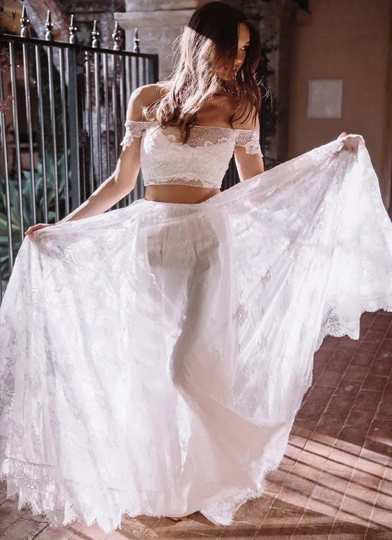 

Sexy Lace Boho Beach Wedding Dress 2019 Detachable skirt Vestido De Noiva Elegant Boat Neck Short Sleeve Bohemia W Gowns