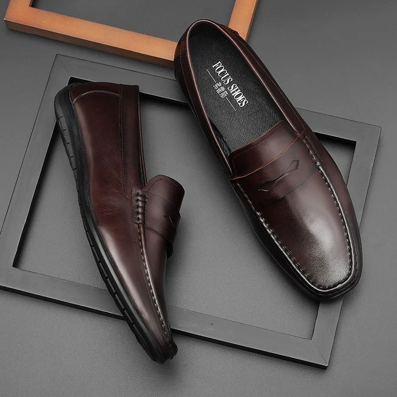 Phenkang Men Leather Summer Casual Shoes Male Sneakers loafer Mens Slip On Coffee Men's Genuine Leather Loafers Driving Shoes