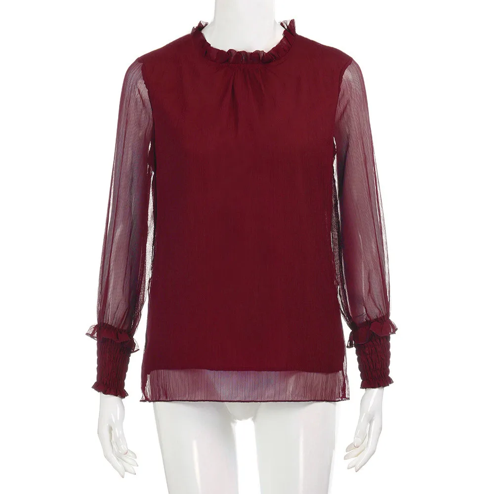 Свободная шифоновая блузка из страуса для женщин, весна, свободные рубашки с длинным рукавом и рюшами, элегантная офисная рубашка, топы, Blusas Mujer C2335