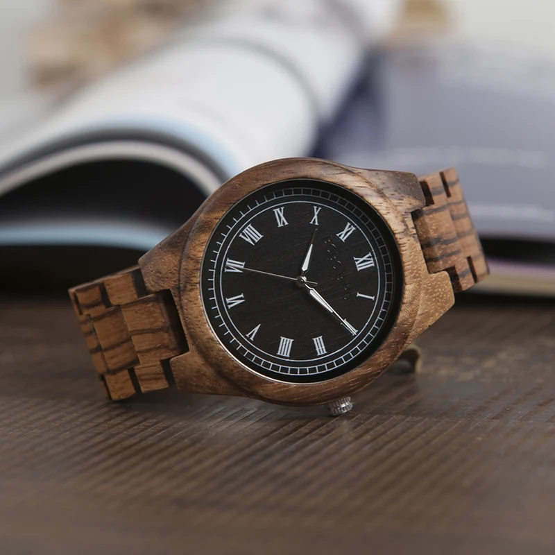 BOBO BIRD Mens Wood Watch Roman Numerals Plate Wristwatch with Wooden Links in Gift Box BOBO BIRD Mens Wood Watch Roman Numerals Plate Wristwatch with Wooden Links in Gift Box