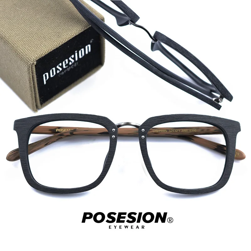 Posesion очки, оправа с прозрачными линзами, Мужские квадратные очки для близорукости по рецепту,, мужские деревянные очки с полной оптической оправой