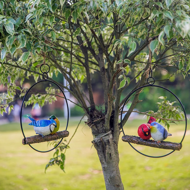 1 Elegant Hand Painted Color Resin Two Birds On Branch with Iron Circle Yard Decor Hanging Ornament