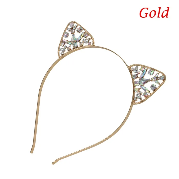 New Hair Accessories Crystal Cat Ears Hair Hoop Headband Women Shiny Rhinestone Cats Ear Hair Bands Costume Party Headwear - Цвет: Gold