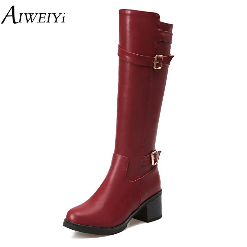 

AIWEIYi Knee High Martin Boots for Women Buckle Design Winter Motorcycle Boots Black Riding Boots