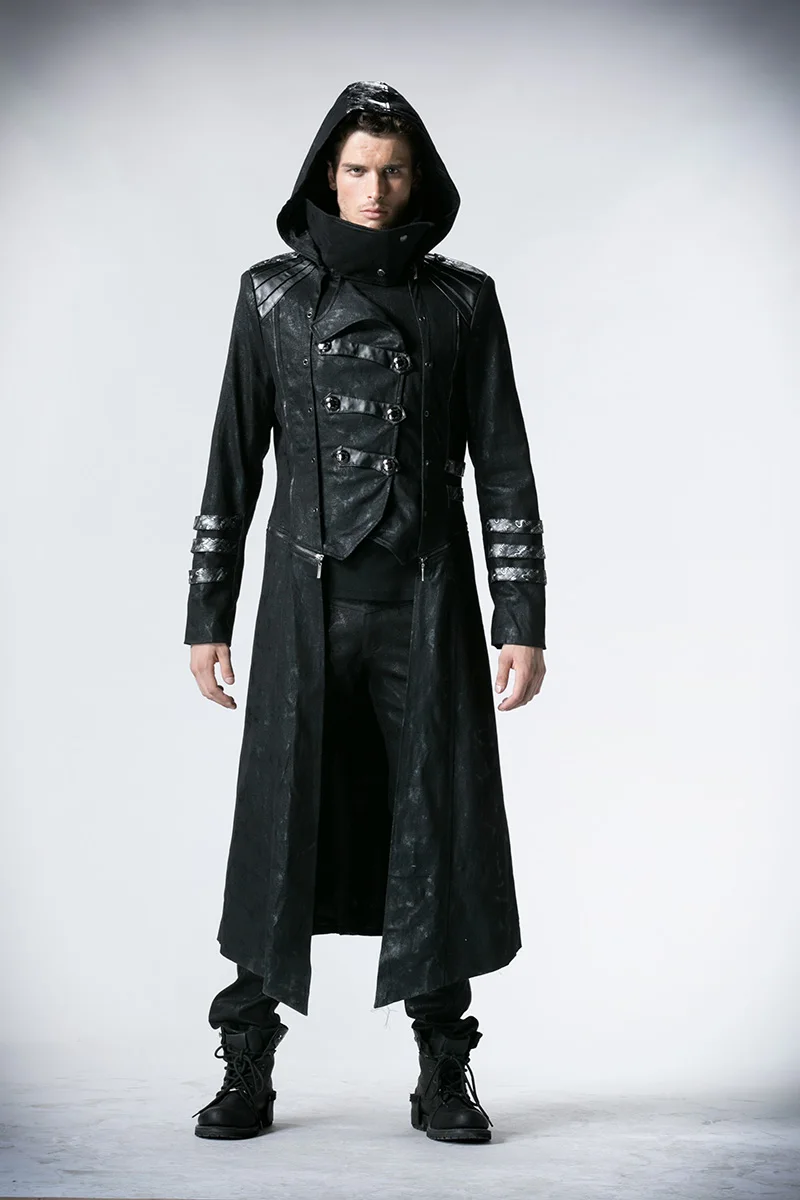 Готическое черное зимнее мужское длинное пальто в стиле стимпанк, Саржевые куртки с высоким воротником, кожаные пальто в стиле панк, пальто со съемным подолом и шляпой